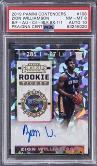 2019/20 Panini Contenders "Rookie Ticket Cracked Ice" 2021 Black Box #108 Zion Williamson Signed Card (#1/1) - PSA NM-MT 8, PSA/DNA 10